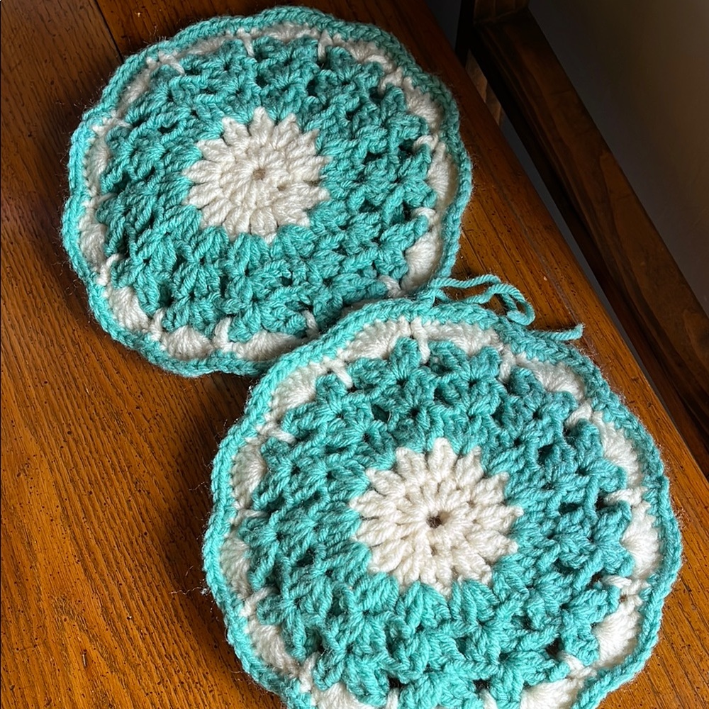 Blue and Cream Crochet Kitchen Linens